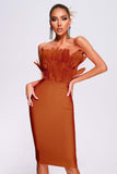 kamames Parry Feather Strapless Midi Bandage Dress - Tan