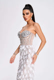 kamames Mylie Strapless Diamonate Feather Midi Dress