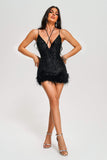 kamames Oga Halter Sequin Feather Mini Dress - Black