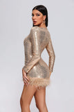 kamames Farrah Feather Sequin Mini Dress - Gold