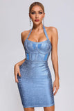 kamames Halter Black Metallic Bandage Dress - Blue