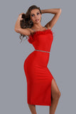 Kamames Dana Feather Slit Midi Bandage Dress - Red