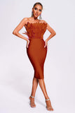 kamames Parry Feather Strapless Midi Bandage Dress - Tan