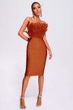 kamames Parry Feather Strapless Midi Bandage Dress - Tan