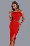 Kamames Dana Feather Slit Midi Bandage Dress - Red