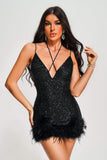 kamames Oga Halter Sequin Feather Mini Dress - Black