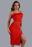 Kamames Dana Feather Slit Midi Bandage Dress - Red