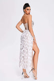 kamames Mylie Strapless Diamonate Feather Midi Dress