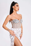 kamames Mylie Strapless Diamonate Feather Midi Dress