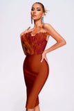 kamames Parry Feather Strapless Midi Bandage Dress - Tan