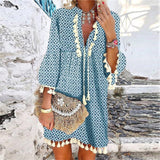 Women Vintage Print V Neck Tassel Mini Dress Casual Loose Three Quarter Sleeve Beach Dress  Spring Summer Party Dress Femme