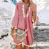 Women Vintage Print V Neck Tassel Mini Dress Casual Loose Three Quarter Sleeve Beach Dress  Spring Summer Party Dress Femme