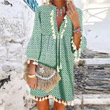 Women Vintage Print V Neck Tassel Mini Dress Casual Loose Three Quarter Sleeve Beach Dress  Spring Summer Party Dress Femme