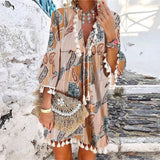 Women Vintage Print V Neck Tassel Mini Dress Casual Loose Three Quarter Sleeve Beach Dress  Spring Summer Party Dress Femme