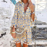 Women Vintage Print V Neck Tassel Mini Dress Casual Loose Three Quarter Sleeve Beach Dress  Spring Summer Party Dress Femme