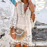 Women Vintage Print V Neck Tassel Mini Dress Casual Loose Three Quarter Sleeve Beach Dress  Spring Summer Party Dress Femme