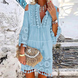 Women Vintage Print V Neck Tassel Mini Dress Casual Loose Three Quarter Sleeve Beach Dress  Spring Summer Party Dress Femme