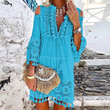 Women Vintage Print V Neck Tassel Mini Dress Casual Loose Three Quarter Sleeve Beach Dress  Spring Summer Party Dress Femme