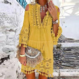 Women Vintage Print V Neck Tassel Mini Dress Casual Loose Three Quarter Sleeve Beach Dress  Spring Summer Party Dress Femme