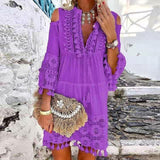 Women Vintage Print V Neck Tassel Mini Dress Casual Loose Three Quarter Sleeve Beach Dress  Spring Summer Party Dress Femme