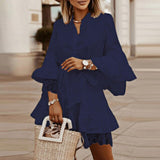 Elegant Spring Flare Sleeve Lady Shirt Dress Summer Patchwork Lace Belted Party Dress Women Casual V Neck Button Mini Dress