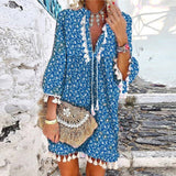 Women Vintage Print V Neck Tassel Mini Dress Casual Loose Three Quarter Sleeve Beach Dress  Spring Summer Party Dress Femme