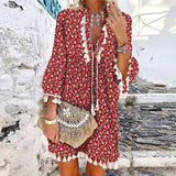 Women Vintage Print V Neck Tassel Mini Dress Casual Loose Three Quarter Sleeve Beach Dress  Spring Summer Party Dress Femme