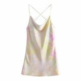 Kamames  Summer Slip Dress Women Za  Tie Dye Satin Short Woman Dresses Strappy Sexy Backless Strap Mini Dress Club Party Dresses