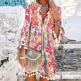 Women Vintage Print V Neck Tassel Mini Dress Casual Loose Three Quarter Sleeve Beach Dress  Spring Summer Party Dress Femme