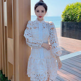 Runway Designer Spring Lace Party Dress  New Women Lantern Sleeve Hollow Out Dress Fashion Holiday Belt Mini Dresses