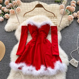 Women Elegant Dress For New Year  Strapless Backless Furry Sexy Short Mini Christmas Dress Navidad Red Party Dress Femme