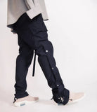 Men Black Fog Street Men Side Snap Cargo Pants Hip Hop Slim Fit Ribboned Waistband Track