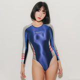 LEOHEX Long Sleeves Sexy Glossy Bodysuit Smooth One Piece Swimwear Women Glitter Swimsuits Japanese Shiny Bathing Suits Leotards T200708