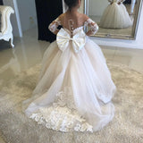 Stock 2-14 Years Lace Tulle Flower Girl Dresses Bows Children's First Communion Dress Princess Ball Gown Wedding Party Dress