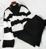 Fashion women's suit temperament striped sexy knit sweater straight and thin wide-leg trousers two-piece 210520