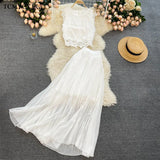 Holiday Suits For Women Skirts Summer Lace Women Top High Waist Pleated Chiffon White Skirt Women 2 Pices Set Beach Dress 220311