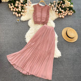 Holiday Suits For Women Skirts Summer Lace Women Top High Waist Pleated Chiffon White Skirt Women 2 Pices Set Beach Dress 220311