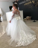 Stock 2-14 Years Lace Tulle Flower Girl Dresses Bows Children's First Communion Dress Princess Ball Gown Wedding Party Dress