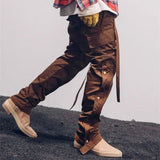 Men Black Fog Street Men Side Snap Cargo Pants Hip Hop Slim Fit Ribboned Waistband Track