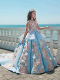 2018 Girls Pageant Dresses Sky Blue Lace Applique Pearls 3D Floral Tiered Sash Bow V Back Long Kids Flower Girls Dress Birthday Gowns