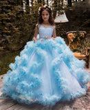 Ball Gown Girls Pageant Dresses Floor Length Ruffles Beaded Collar Kids Formal Wear Custom Made Blue White Kids Wedding Dress