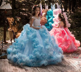 Ball Gown Girls Pageant Dresses Floor Length Ruffles Beaded Collar Kids Formal Wear Custom Made Blue White Kids Wedding Dress