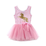 Summer Baby Girls Dresses 2018 New Kids Girl Sleeveless Bow Cartoon Sequins Unicorn Dresses Baby Girls Casual Striped Tulle Princess Dress