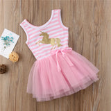 Summer Baby Girls Dresses 2018 New Kids Girl Sleeveless Bow Cartoon Sequins Unicorn Dresses Baby Girls Casual Striped Tulle Princess Dress