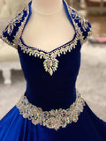 Royal-Blue Velvet Pageant Dresses for Infant Toddlers Teens Cap Sleeve ritzee roise Ball Gown Long Little Girl Formal Party Gowns Keyhole Back Beading Crystals CG001