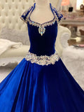 Royal-Blue Velvet Pageant Dresses for Infant Toddlers Teens Cap Sleeve ritzee roise Ball Gown Long Little Girl Formal Party Gowns Keyhole Back Beading Crystals CG001