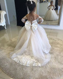 Stock 2-14 Years Lace Tulle Flower Girl Dresses Bows Children's First Communion Dress Princess Ball Gown Wedding Party Dress