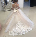 Stock 2-14 Years Lace Tulle Flower Girl Dresses Bows Children's First Communion Dress Princess Ball Gown Wedding Party Dress