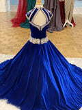 Royal-Blue Velvet Pageant Dresses for Infant Toddlers Teens Cap Sleeve ritzee roise Ball Gown Long Little Girl Formal Party Gowns Keyhole Back Beading Crystals CG001