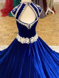 Royal-Blue Velvet Pageant Dresses for Infant Toddlers Teens Cap Sleeve ritzee roise Ball Gown Long Little Girl Formal Party Gowns Keyhole Back Beading Crystals CG001